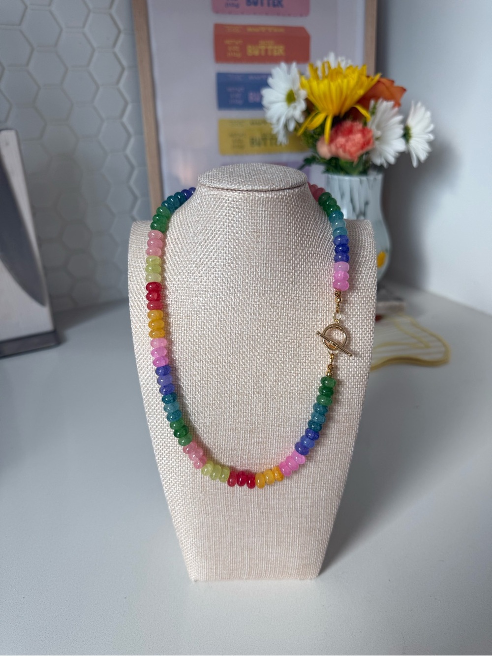 Multicolor Beaded Necklace with Gold Toggle Clasp - Women Jewelry